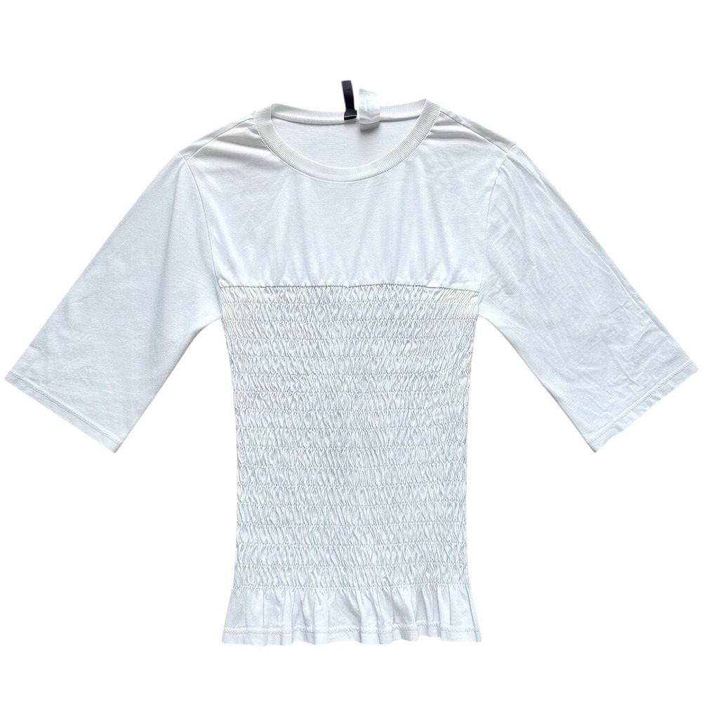 H&M Divided Womens White Smocked Ruffle Hem 3/4 Sleeve Knit Top Size XS